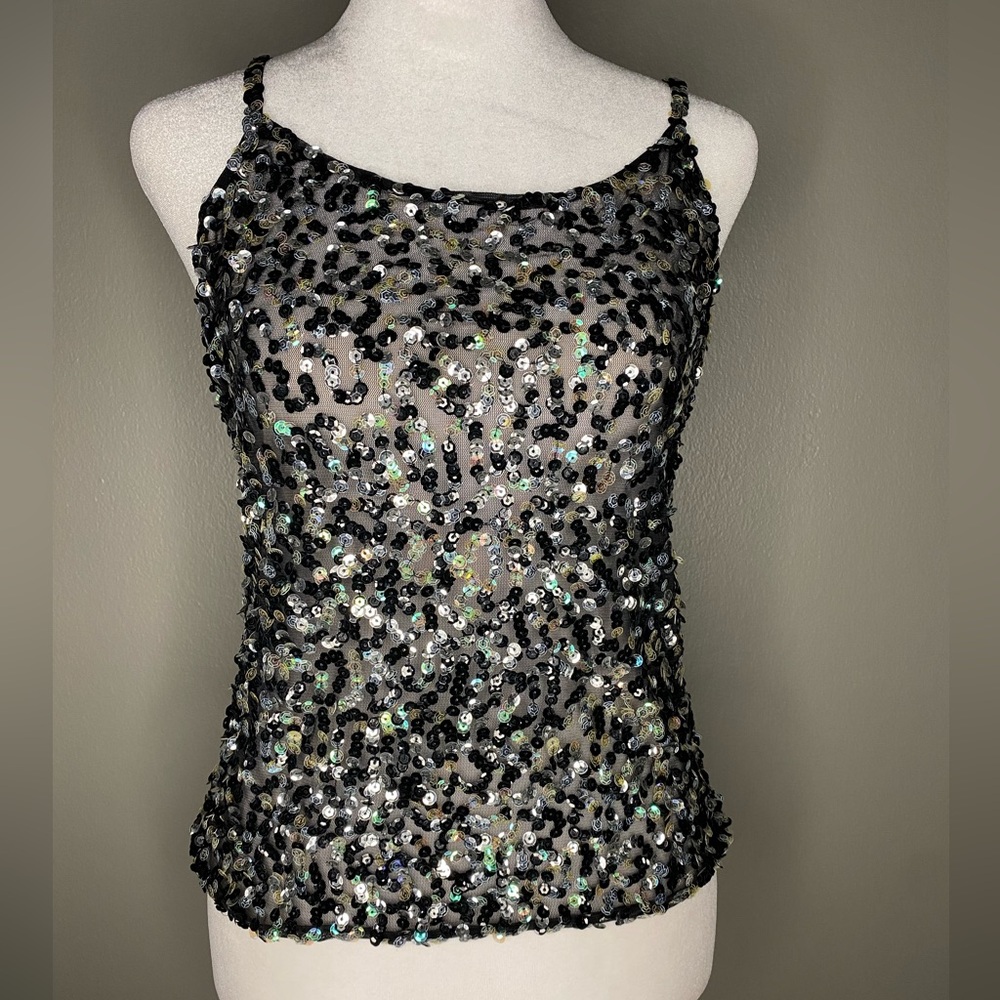 Sequin Mesh Spaghetti Strap Black & Silver Iridescent Stretchy Camisole Top - S